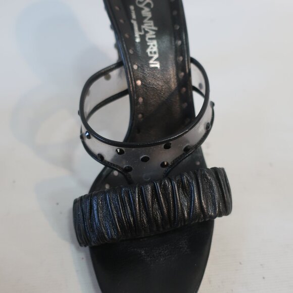 Authentic Yves Saint Laurent Ruched Leather Lucite Gem Strappy Heels 37.5 US/7.5 - Picture 6 of 12